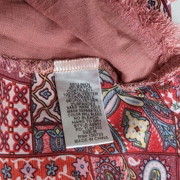 Umgee Linen Hi Low Tunic Mini Dress Medium Pink Boho Paisley Floral Fringe - Picture 6 of 7